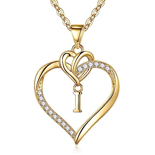 TINGN Kette Damen Herz Halskette Damen, 14K Vergoldet Gold Buchstaben Kette I für Frauen Intiale Halskette Damen Gold Herz Halskette Schmuck Damen Geschenke für Frauen Teenager Mädchen Mama Geschenk von TINGN