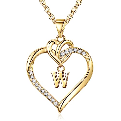 TINGN Kette Damen Herz Halskette Frauen, Gold Kette mit Herz Anhänger Buchstaben Halskette Intiale Kette W Buchstaben Halskette Damen Gold Geburtstag Weihnachten Geschenke für Frauen Mutter Schmuck von TINGN