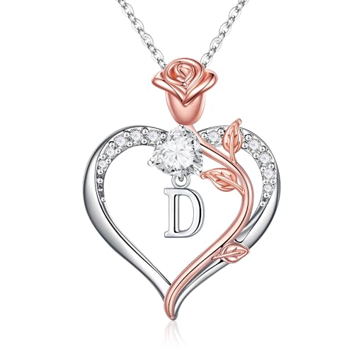 TINGN Kette Damen Silber Kette mit Buchstaben, Vergoldet Buchstaben Kette mit CZ Herz Anhänger für Frauen Intiale D Halskette Damen Herzkette für Frauen Teen Mädchen Schmuck Geschenke für Freundin von TINGN