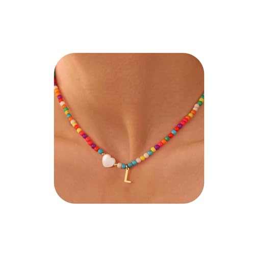 TINGN Bunte Perlenkette, Perlenkette Bunt, Perlenkette Damen, Boho Kette Damen, Kette Damen, Halskette Damen, Personalisierte Kette Damen,Surferkette Damen, Kette Mit L Buchstaben von TINGN