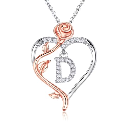 TINGN Muttertags Geschenke für Frauen Sie - Halskette Damen Silber 925 Rose Kette Herz Anhänger Kette mit Buchstaben D Schmuck Valentinstag Weihnachten Jahrestag Geschenke für Sie Mutter Oma Ehefrau von TINGN