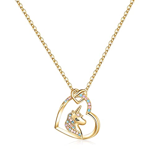 TINGN Geschenke für Mädchen Einhorn Halskette, S925 Sterling Silber Vergoldet CZ Herz Anhänger Einhorn Halsketten Einhorn Geschenk Kette Gold Damen Einhorn Geburtstagsgeschenk für Mädchen Schmuck von TINGN