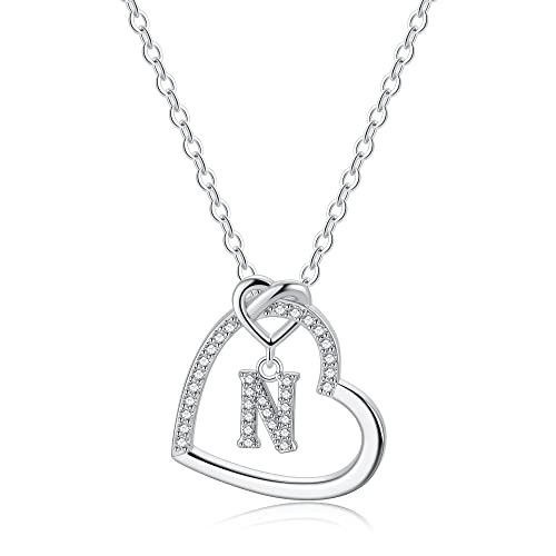 TINGN Silber Kette mit Buchstaben Kette Damen Mädchen, Buchstaben N Halskette Damen Silber Kette Herz Kette mit Buchstaben Kette Silber Damen Mädchen Schmuck Geschenke für Frauen Mädchen Geschenke von TINGN