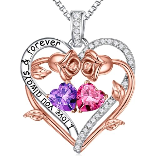 TINGN Valentinstag Geburtstag Geschenk für Sie Frauen - Februar Amethyst Oktober Rosa Turmalin Geburtsstein Halskette Damen Silber 925 Kette Schmuck Jahrestag Geburtstag Geschenke für Sie Ehefrau von TINGN