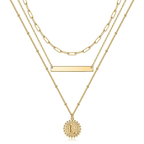 TINGN Goldkette Damen Kette mit Buchstaben Kette Damen, 14K Gold Vergoldet Büroklammer Halskette Damen Gold Kette Münzen Buchstaben Kette Layering Gold Choker Kette Damen Gold Buchstabe L Halskette von TINGN