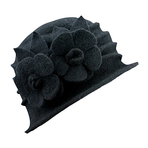 TININNA Damen Frauen Vintage Blume Bowler Hut Fedora Hut Cloche Hut Bucket Hat Wintermütze Schwarz EINWEG Verpackung von TININNA