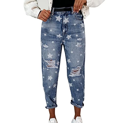 TIREOW Lose Jeans Jeanshosen Mit Stern Druck Für Damen Frühling Sommer Lässige Denim Hosen Zerrissene Distressed Entspannte Hosen Jeans Leggings von Toysmith