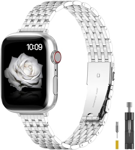 TISIMO für Apple Watch Armband 41mm 40mm 38mm 45mm 44mm 42mm Series 8 7 6 5 4 3 2 1 SE SE2 Damen und Herren, Edelstahl Metall Ersatzband für iWatch Armband (38mm 40mm 41mm, Glänzend Silber) von TISIMO