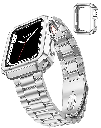 TISIMO Kompatibel mit Apple Watch Armband 45mm 44mm 42mm 41mm 40mm 38mm Damen,Rostfreier Stahl Metall iWatch Armband für iWatch Series SE/SE2/9/8/7/6/5/4/3/2/1,Glänzend Verarbeitet 1mit Koffer von TISIMO