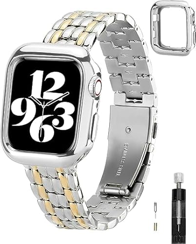 TISIMO Kompatibel mit Apple Watch Armband 45mm 44mm 42mm 41mm 40mm 38mm Damen,Rostfreier Stahl Metall iWatch Armband für iWatch Series SE/SE2/9/8/7/6/5/4/3/2/1,Glänzend Verarbeitet von TISIMO