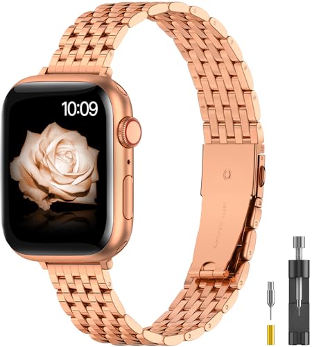 TISIMO für Apple Watch Armband 41mm 40mm 38mm 45mm 44mm 42mm Series 8 7 6 5 4 3 2 1 SE SE2 Damen und Herren, Edelstahl Metall Ersatzband für iWatch Armband (38mm 40mm 41mm, Glänzend Roségold) von TISIMO