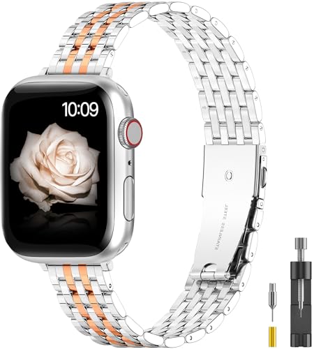 TISIMO für Apple Watch Armband 41mm 40mm 38mm 45mm 44mm 42mm Series 8 7 6 5 4 3 2 1 SE SE2 Damen und Herren, Edelstahl Metall Ersatzband für iWatch Armband (38mm 40mm 41mm, Silber/Roségold) von TISIMO