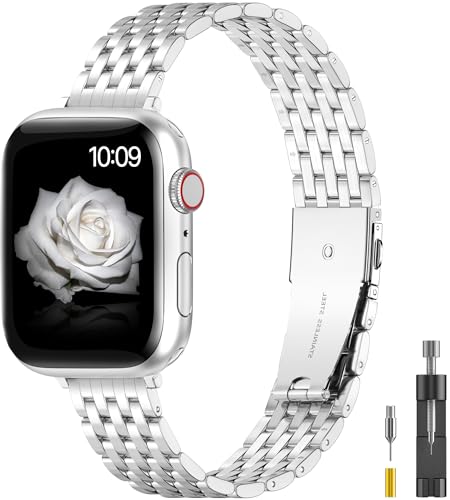 TISIMO für Apple Watch Armband 41mm 40mm 38mm 45mm 44mm 42mm Series 8 7 6 5 4 3 2 1 SE SE2 Damen und Herren, Edelstahl Metall Ersatzband für iWatch Armband (45mm 44mm 42mm, Gebürstetes Silber) von TISIMO