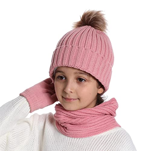 Wintermütze Kinder Schal Handschuhe Set Beanie Mütze Kleinkind Loop Schal mit Fleece Gefütterte Warme Kindermütze Handschuhe Schlauchschal Bommelmütze Strickmütze für Jungen Mädchen(3-10Jahre,Rosa) von TMEOG