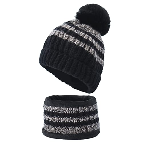 TMEOG Wintermütze Kinder Mütze Schal Set Beanie Kleinkind Loop Schal mit Fleece Gefütterte Warme Kindermütze Schlauchschal Strickmütze für Jungen Mädchen(6-14Jahre,Schwarz) von TMEOG