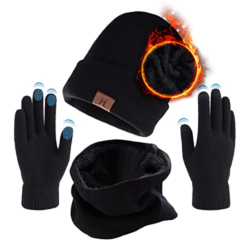 TMEOG Mütze Herren Damen Wintermütze Schal Handschuh Set, Beanie Strickmütze Haube Winter Loop Schal mit Fleecefutter Touchscreen Handschuhe Warme Mütze Schal Handschuh Sets für Herren Damen(Schwarz) TMEOG Mütze Herren Damen Wintermütze Schal Handschuh Set, Beanie Strickmütze Haube Winter Loop Schal mit Fleecefutter Touchscreen Handschuhe Warme Mütze Schal Handschuh Sets für Herren Damen(Schwarz) von TMEOG
