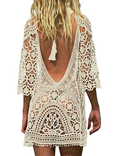 TMEOG Strandkleider Damen Kurze Kleid Badeanzug Bikini Spitze Crochet Cover Up (Medium, RüCkenfrei Beige) von TMEOG