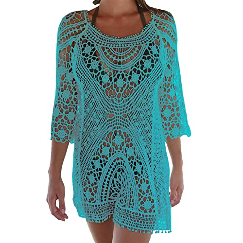 TMEOG Strandkleider Damen Kurze Kleid Badeanzug Bikini Spitze Crochet Cover Up (Medium, RüCkenfrei Grün) von TMEOG