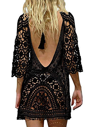 TMEOG Strandkleider Damen Kurze Kleid Badeanzug Bikini Spitze Crochet Cover Up (Medium, RüCkenfrei Schwarz) von TMEOG