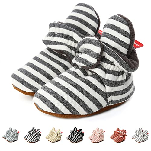 TMEOG Unisex-Baby Neugeborenes Fleece Booties Bio Baumwoll-Futter und rutschfeste Greifer Winterschuhe (0-6 Monate, B_Schwarz/Weiß) von TMEOG