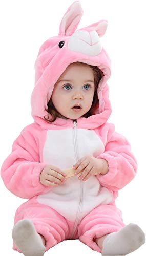 TMEOG Unisex Baby Romper Cute Warm Hase Stich Tier Lange Ärmel Reißverschluss Verdickte Fleece Herbst-Winter Kinderkleidung (80 cm (6-12 Monate), Pulver Kaninchen) von TMEOG