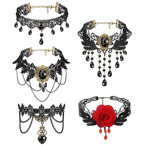 TNSRAY 5 Stück Choker Halsband, Choker Halsketten Set,Velvet Choker Kette, Halskette Tattoo Halsband für Mädchen, Choker Halsketten Set Tattoo Gothic Spitze Choker Ketten Stretch Samt Classic, schwarz von TNSRAY