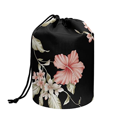 TOADDMOS Modischer Druck Kordelzug Reise Make-up Tasche Kulturbeutel Kosmetik Organizer Tasche für Frauen Mädchen Fass geformte Aufbewahrungstasche, Rosa Hibiskus, Einheitsgröße, Kosmetikkoffer von TOADDMOS