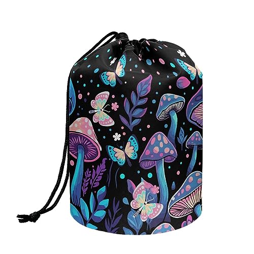 TOADDMOS Stylischer Druck Kordelzug Make-up Tasche Reise Kosmetiktasche Tragbare Toilettenartikel Organizer für Frauen Mädchen, Blau Lila Pilz Schmetterling, Einheitsgröße, Beauty Case von TOADDMOS