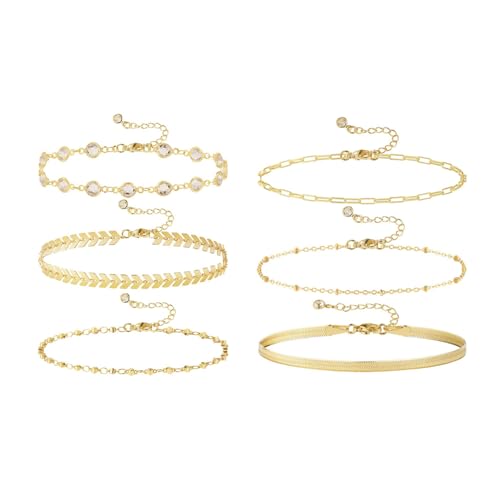 TOEECY 6 Stücke Fußkettchen Für Damen Gold Mehrschichtiger Verstellbares Länge Fußkette Mit Cubic Zirconia Anklet Fußkettchen Set Sommer Strand Boho Fußschmuck Gold B von TOEECY