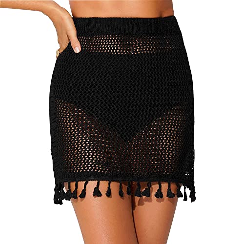 TOEECY Damen Strand Wrap Sarong Elastische Taille Kurz Strandkleider Bikini Cover Up Bikini Rock mit Quasten Mini Strandrock Vertuschung Badeanzug Sexy Strandkleid Frauen Mädchen(Schwarz,L) von TOEECY