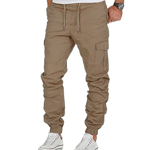 Jogginghose Herren Cargo Zip Hohe Taille Strandhose Baggy Mit Taschen Leinenhose Cargohose Herren Baggy Mit Gummizug Halloween Herbst Uv Kleidung Herren Herren Leggings Khaki 5XL von TOFOTL