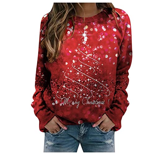 Tshirt Damen Rundhalsausschnitt Weihnachten Print Langarm Slim Fitness Retro T Shirt Wandern Winter Christmas Pyjama Weihnachten Lässig Frühling Pullover V Ausschnitt Damen A-Rot M von TOFOTL