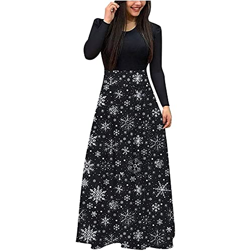 Weihnachtskleid Damen Langarm Rundhalsausschnitt Casual Elegant Christmas Print Lang Hohe Taille Weihnachtsoutfit Weihnachtsfeier Festliche Herbst Winter Weihnachten Kleid Damen A-Schwarz XXL von TOFOTL