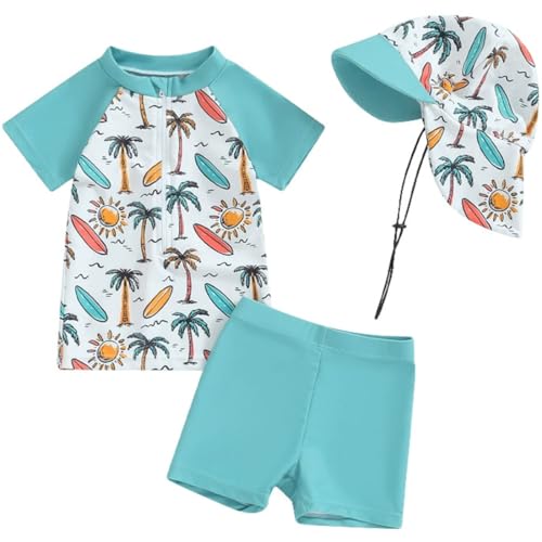 2-teilig Kleinkind Baby Jungen Badeanzug UPF 50+ UV-Schutz Kurzärmel T-Shirt + Badeshorts mit UV-Schutz Sonnenhut Rashguard Reißverschluss Badeset Schwimmanzug 2-teilig Kleinkind Baby Jungen Badeanzug UPF 50+ UV-Schutz Kurzärmel T-Shirt + Badeshorts mit UV-Schutz Sonnenhut Rashguard Reißverschluss Badeset Schwimmanzug von TOKYMOON