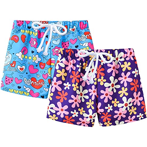 2er Pack Jungen Badehose Cartoon Badeshorts 3D Druck Schnelltrocknend Badehose Kinder Jungen Mädchen Schwimmshorts Sommer Strand Boardshorts mit Verstellbarem Tunnelzug Lila Blumen Blau 120 von TOKYMOON