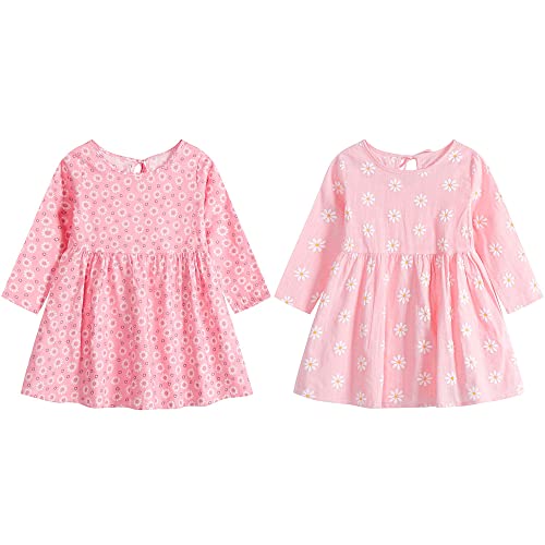 2er Pack Kinder Mädchen Kleider Prinzessin Kleid Langarm Kleidung Baumwolle Herbst Winter T-Shirt Kleid Blumen Kleid Kinder Kleid Süßes Muster Casual Kleider Rosa Blumen 12-18 Monate von TOKYMOON