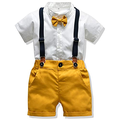 TOKYMOON 2 Teilig Baby kleinkind Jungen Baby Anzug Sommer Kurzarm-T-Shirt mit Krawatte + Kurze Hose mit Träger Gentleman kinderanzug für Festliche Hochzeit Party Gelb 122-128 von TOKYMOON