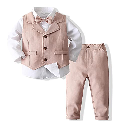 TOKYMOON Baby Jungen Kleidung Set Shirt Weste Hose Baby Fliege Braun Anzug für Baby Geburtstagsparty Kleid Gentleman Anzuge Kinder Junge Bekleidungsset Vintage Kleidung Hose und Fliege Rosa 80 von TOKYMOON