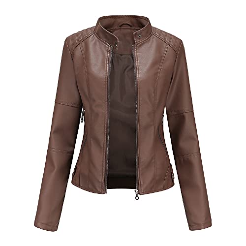 TOKYMOON Damen Lederjacke Kurz Bikerjacke Stehkragen Reißverschluss PU Leder Jacke Langarm Einfarbig Übergangsjacke Lassig Kurzjacke Elegant Mantel Motorradjacke damen Frühling Herbst Braun 3XL von TOKYMOON