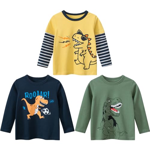 TOKYMOON Jungen Langarmshirt T Shirt Sweatshirt Bedrucktes Baumwolle Oberteil Frühling Herbst 1-7 Jahre 3er Pack Langarm Tshirt Kinder Baumwoll Jungen Tshirt Gelb + Grün 140 von TOKYMOON