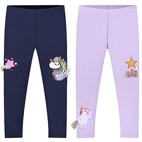 TOKYMOON Mädchen Leggings Baumwolle Hosen Lang 2er-Pack Kinder Leggings Sporthosen Yoga high Waist Dünnschnitt Leggings Hosen Kinder Stretch Leggings Blumenmuster Pink Lila 7T von TOKYMOON