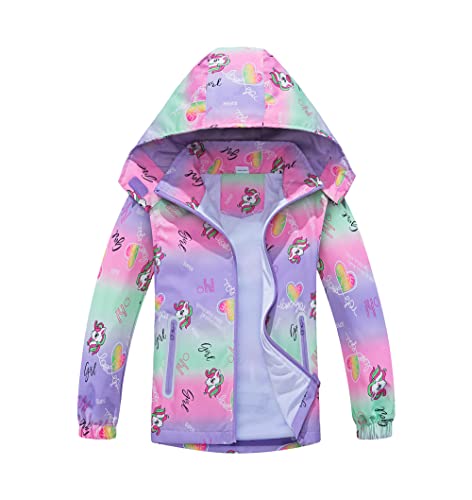 TOKYMOON Mädchen Regenjacke Wind und Wasserdicht Übergangsjacke Kinder Mädchen Jacke mit Kapuzen Übergangsjacke Softshelljacken Kapuzenjacke Wanderjacke Outdoorjacke Lila Einhorn 130 von TOKYMOON