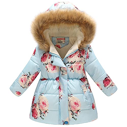 TOKYMOON Mädchen Winterjacke mit Fellkapuze Kinder Wintermantel Steppjacke Warm Parka Übergangsjacke Outdoorjacke Jungs Kinder Karikatur Winddicht Reißverschluss Mantel Blau Blume 146-152 von TOKYMOON