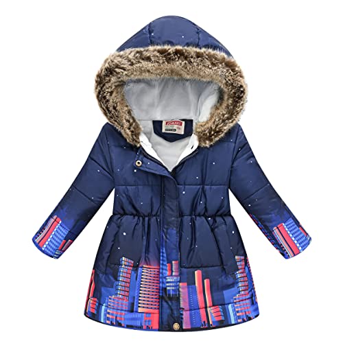 TOKYMOON Mädchen Winterjacke mit Fellkapuze Kinder Wintermantel Steppjacke Warm Parka Übergangsjacke Outdoorjacke Jungs Kinder Karikatur Winddicht Reißverschluss Mantel Dunkelblau 116-122 von TOKYMOON