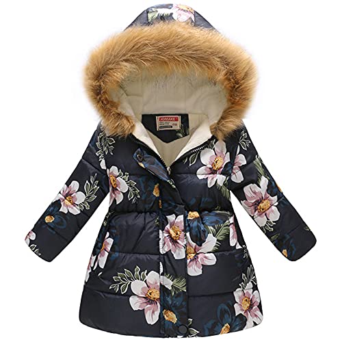 TOKYMOON Mädchen Winterjacke mit Fellkapuze Kinder Wintermantel Steppjacke Warm Parka Übergangsjacke Outdoorjacke Jungs Kinder Karikatur Winddicht Reißverschluss Mantel Schwarz Blume 122-128 von TOKYMOON