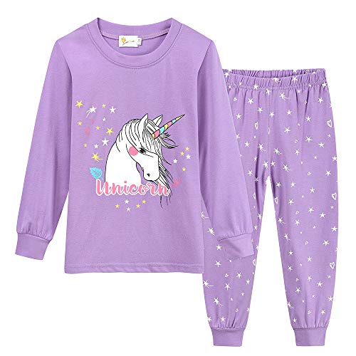 TOKYMOON Schlafanzug Mädchen Lang Einhorn Kinder Zweiteiliger Schlafanzug Baumwolle Langarm Set Pyjama Kinder Schlafanzüge Winter Weihnachten Nachtwäsche T-Shirt und Hose 116 lila von TOKYMOON