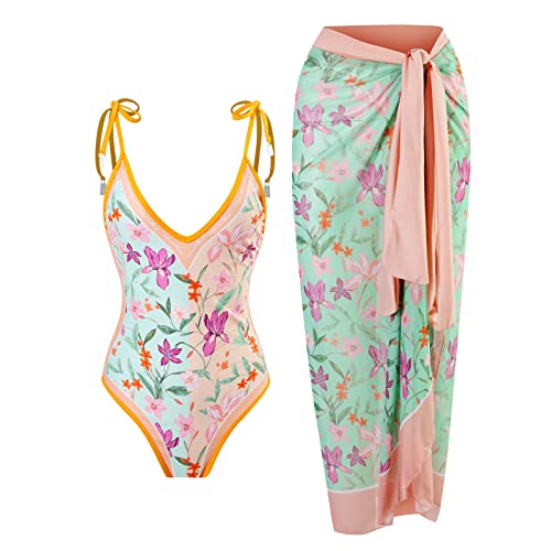 TOKYMOON Zweiteiliger Damen Badeanzug Sport v Ausschnitt Vintage Badeanzüge Damen Sexy high Waist Badeanzug Swimsuit Bademode Strandkleid Push up Retro Badeanzug Monokini Bauchweg Rosa + grün S von TOKYMOON