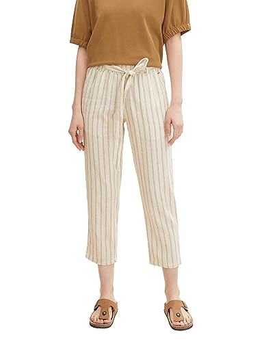 TOM TAILOR Denim Damen Leinenhose mit Streifen 1031453, 29649 - Beige Brown Stripe, L von TOM TAILOR Denim