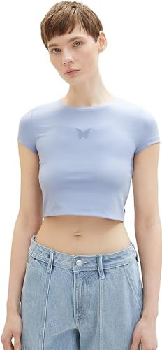 TOM TAILOR Denim Damen 1036541 Cropped T-Shirt mit Print & Cut Out Details, 12819-Parisienne Blue, L von TOM TAILOR Denim