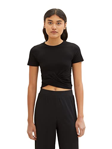 TOM TAILOR Denim Damen 1036554 Cropped T-Shirt mit Knotendetail, 14482-Deep Black, XS von TOM TAILOR Denim